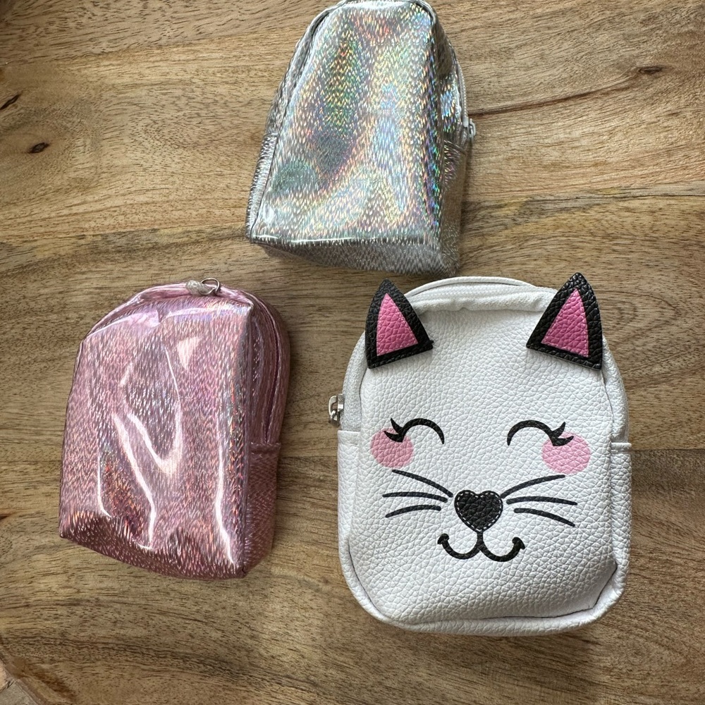 Coin purses set of 3 Pink Iridiscent White Kitty Cat